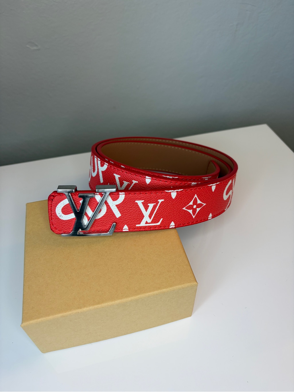 Mens Red And White Original Genuine Leather Belt Fits Waist 35-37